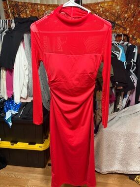 NWT Halara XS Red Mesh Sleeve Ruched Midi Dress